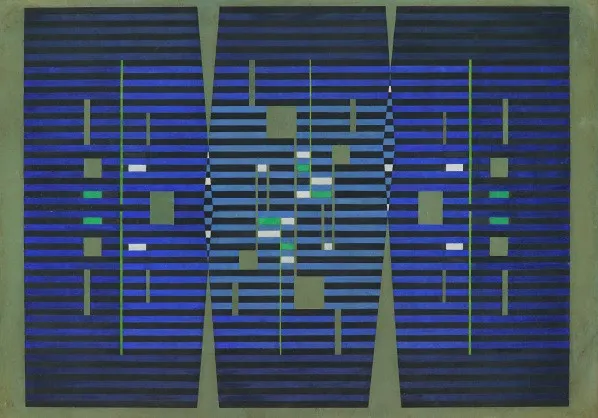 Joaquim Tenreiro - Composição I - 1960 - Guache sobre papel colado em aglomerado de madeira - Assinado verso - 70 x 100 cm. Carimbo do "X Salão Nacional de Arte" no verso.(1)