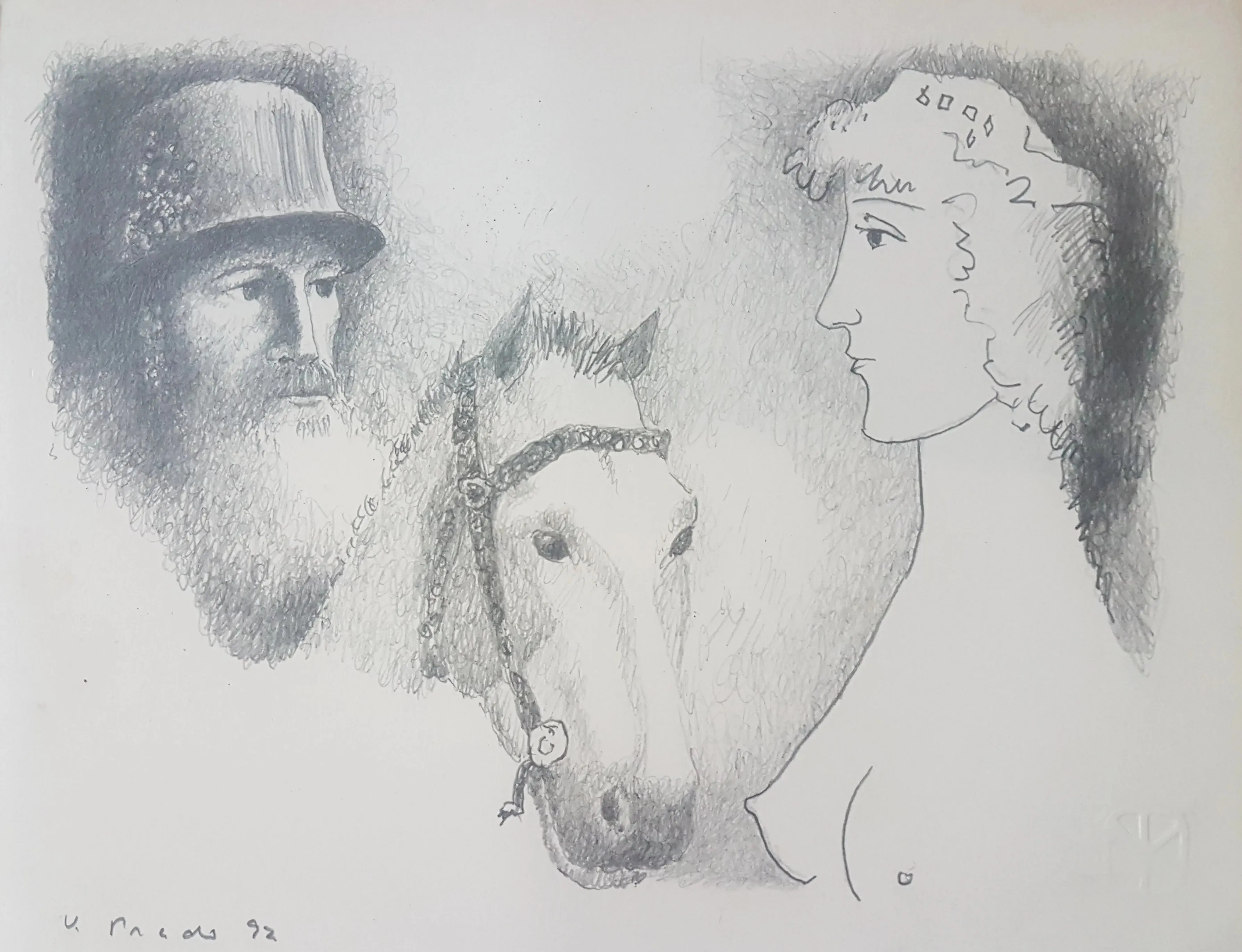 Cavaleiro, cabeça de potro e busto de mulher